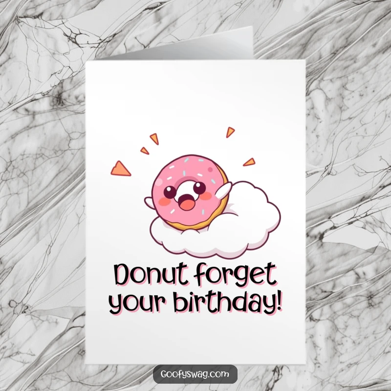 Funny Free Printable Birthday Card: A surprised donut character falling off a cloud with a happy yelp.
