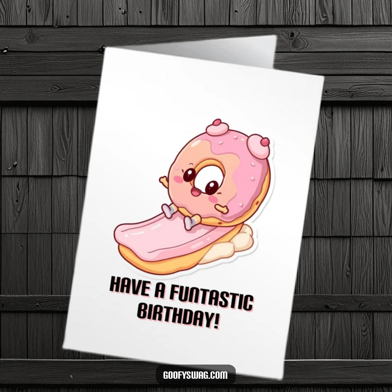 Funny Free Printable Birthday Card: Playful donut character joyfully sliding down a vibrant frosting slide.