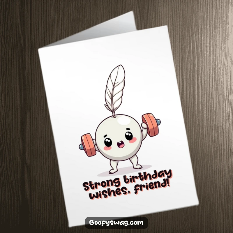 Funny Free Printable Birthday Card: A determined dumbbell struggling to lift a tiny feather, highlighting effort.