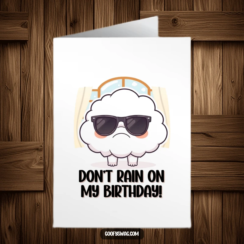 Funny Free Printable Birthday Card, a grumpy cloud trying to put on sunglasses indoors, radiating moody humor.