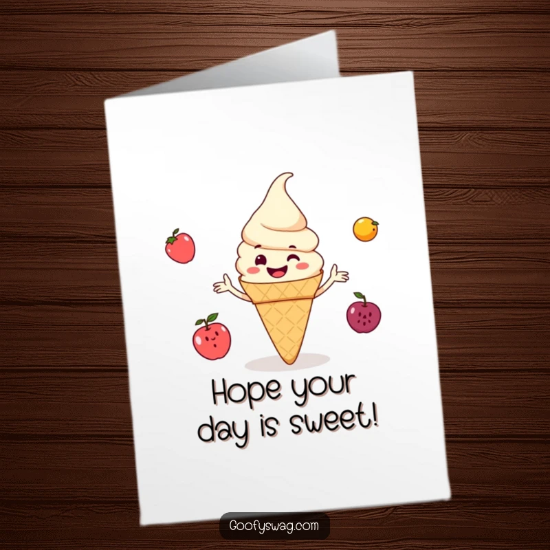 Funny Free Printable Birthday Card: Grinning ice cream cone joyfully juggling small fruits.