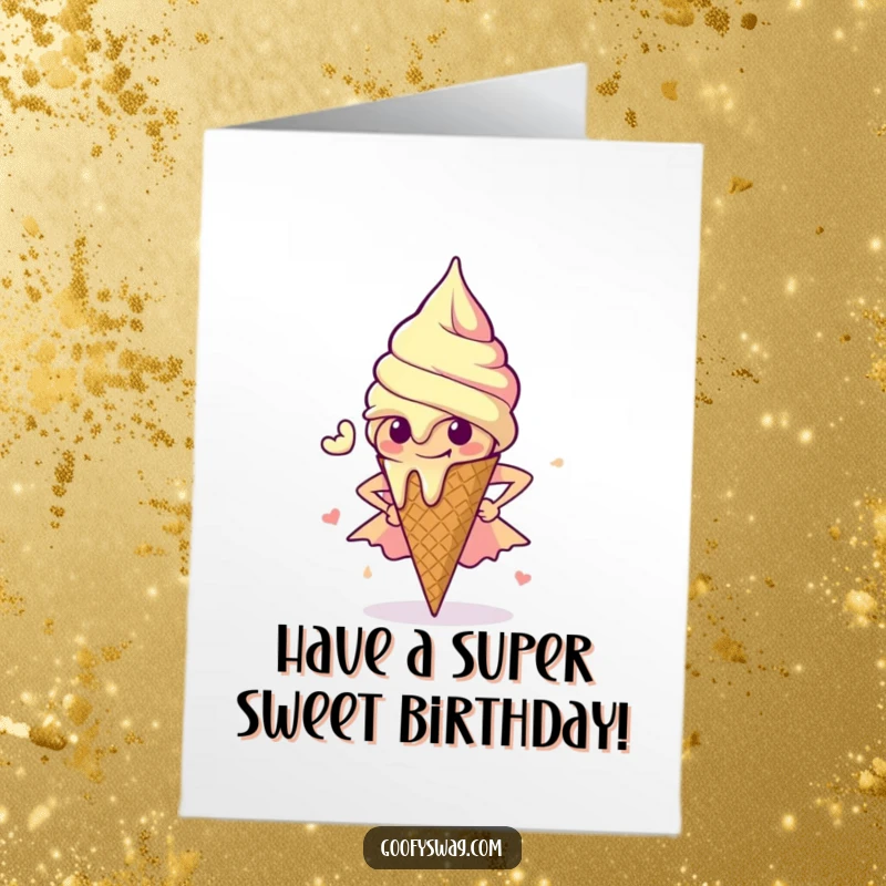 Funny Free Printable Birthday Card: A melting ice cream cone in a dramatic superhero pose, ready to save the day.