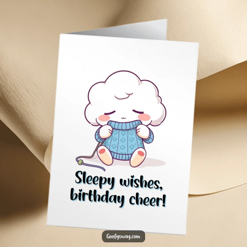 Funny Free Printable Birthday Card: A sleepy cloud attempting to knit a tiny sweater with a yawn.