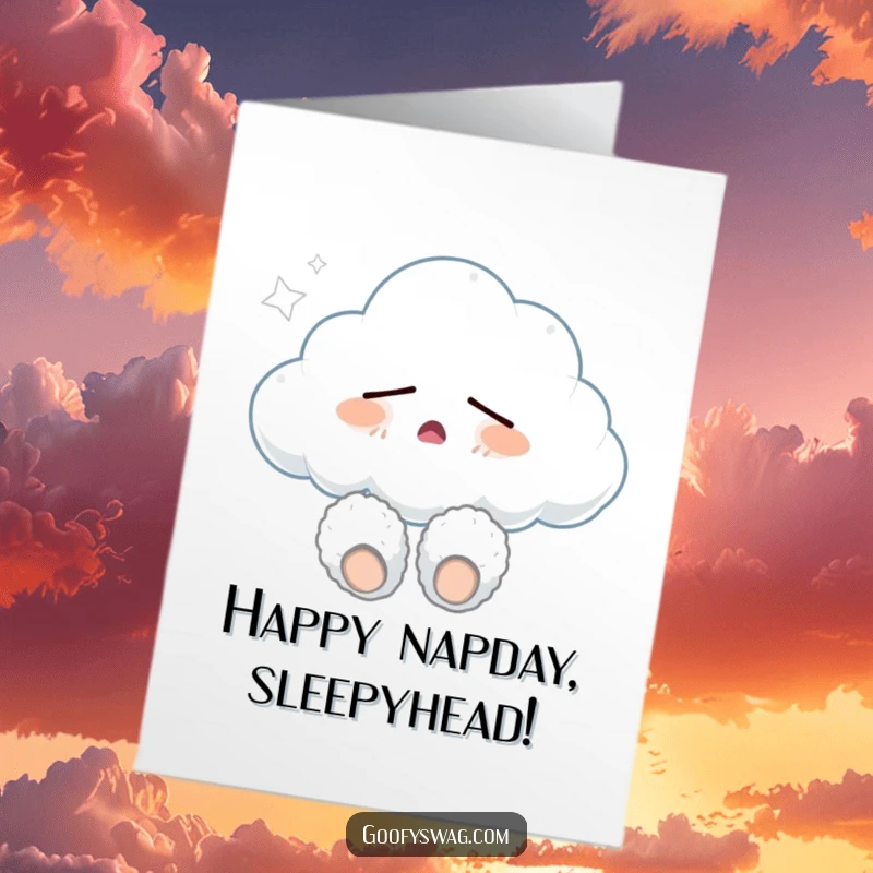 Funny Free Printable Birthday Card: Sleepy cloud wearing fuzzy slippers, yawning peacefully.