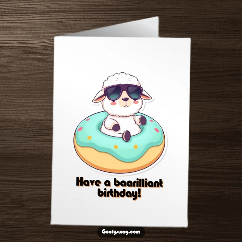 Funny free printable sheep birthday card with a sheep in sunglasses lounging on a donut float. DL size.