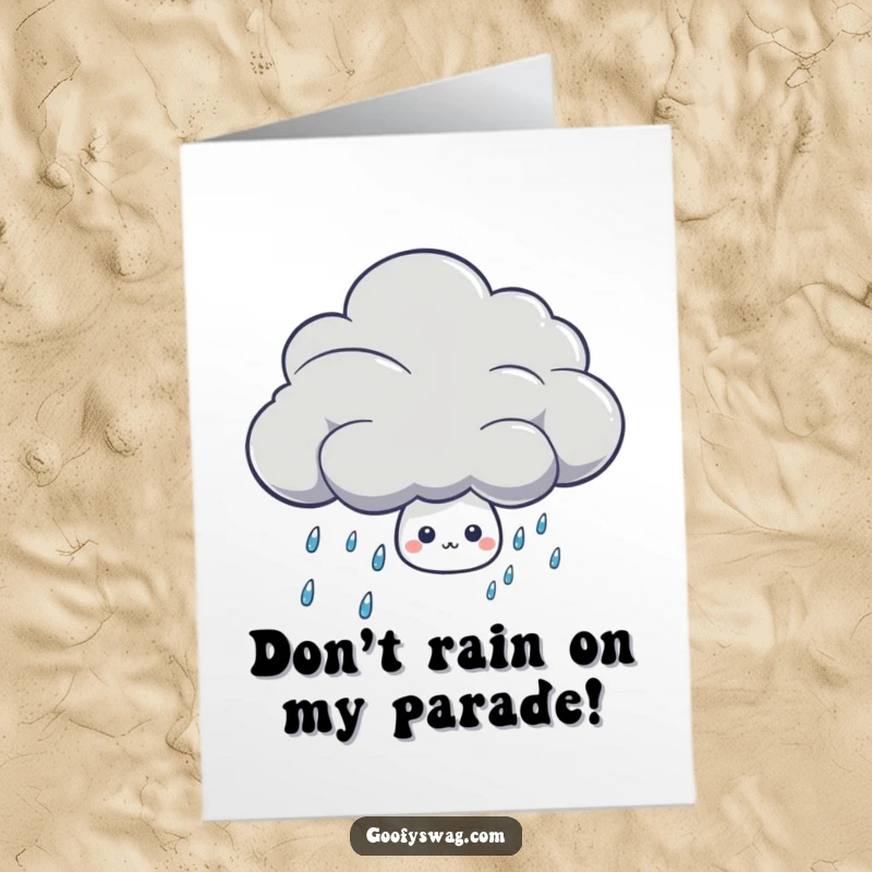 Funny Free Printable Birthday Card: Shy raindrop peeking from behind a grumpy thunder cloud, bringing smiles.
