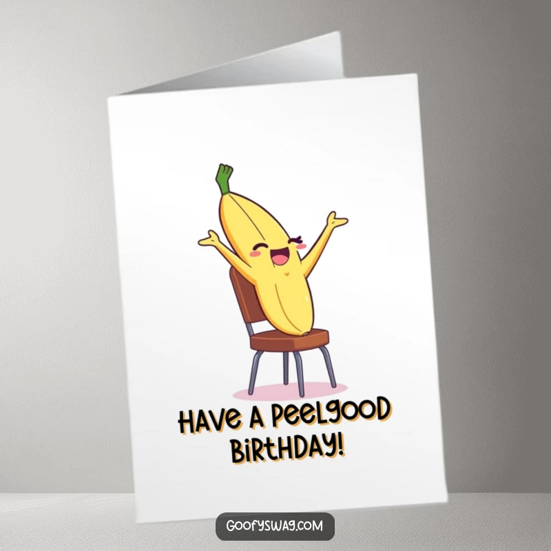 Funny Free Printable Birthday Card: A winking banana peel executing a dramatic backflip off a chair with mischievous glee.