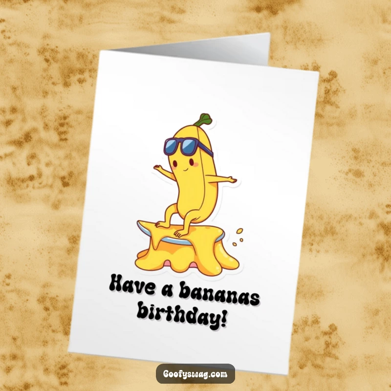 Funny Free Printable Birthday Card: Happy banana character surfing a melting ice cream cone, pure birthday joy.