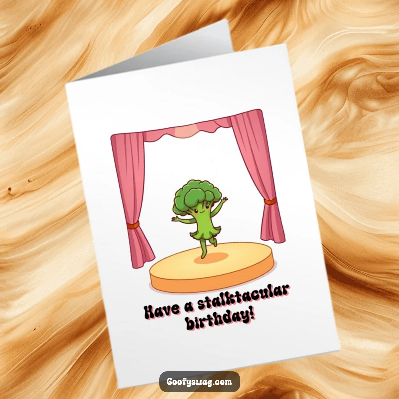 Funny Free Printable Birthday Card: Dancing broccoli performing a dramatic pirouette on a small stage.