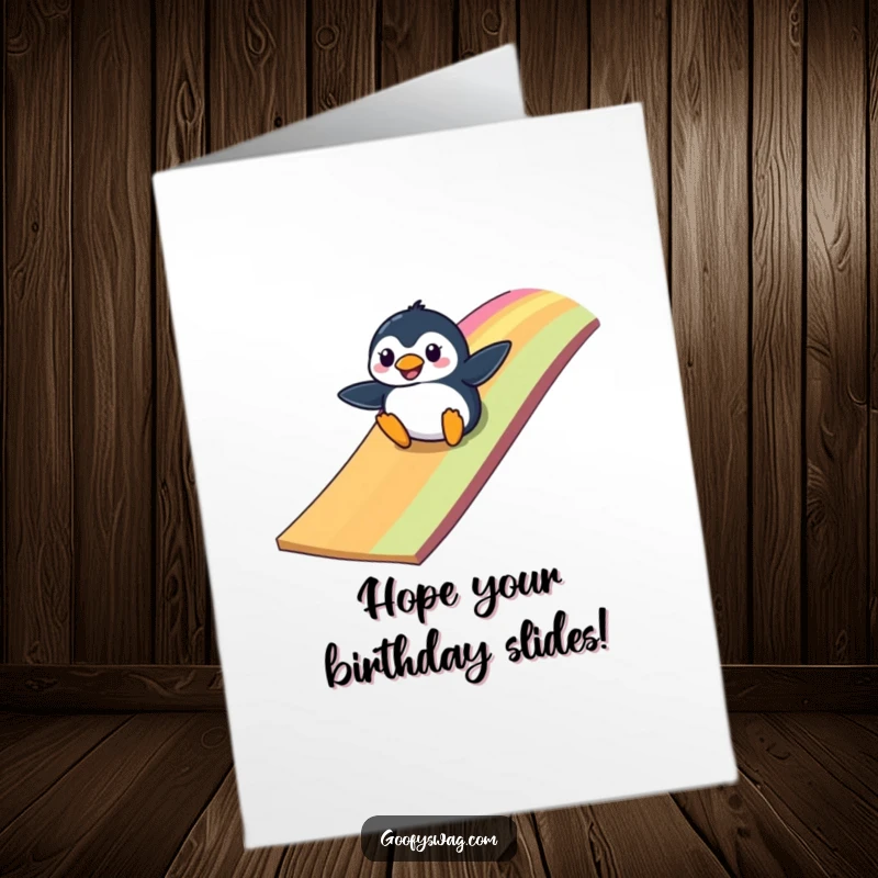 Funny Free Printable Birthday Card: Clumsy penguin slides down a rainbow ramp, cartoon humor, celebrating birthday, DIY download.
