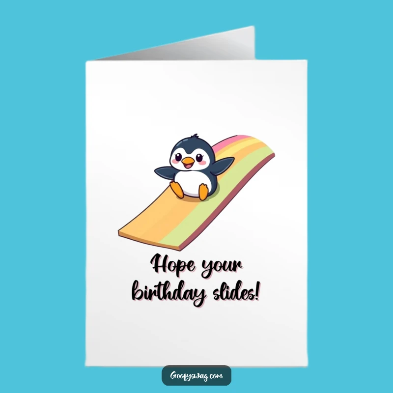 Free Printable Funny Birthday Card: Penguin Rainbow Ramp Fail - Hilarious DIY Downloadable Gift