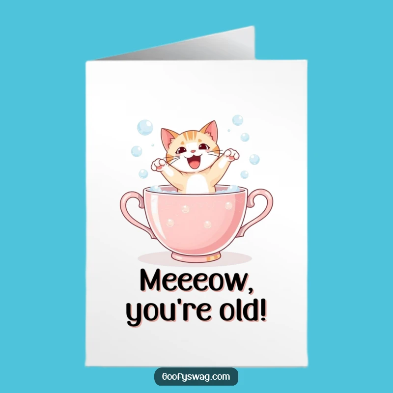 Free Printable Funny Birthday Card: Startled Cat Teacup Surprise - Hilarious DIY Downloadable Gift