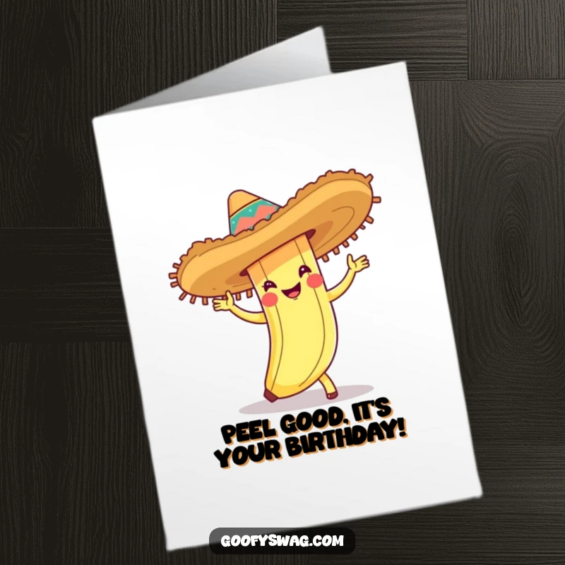Funny Free Printable Birthday Card, a banana peel in a sombrero, cha-cha dancing with vibrant, festive energy.