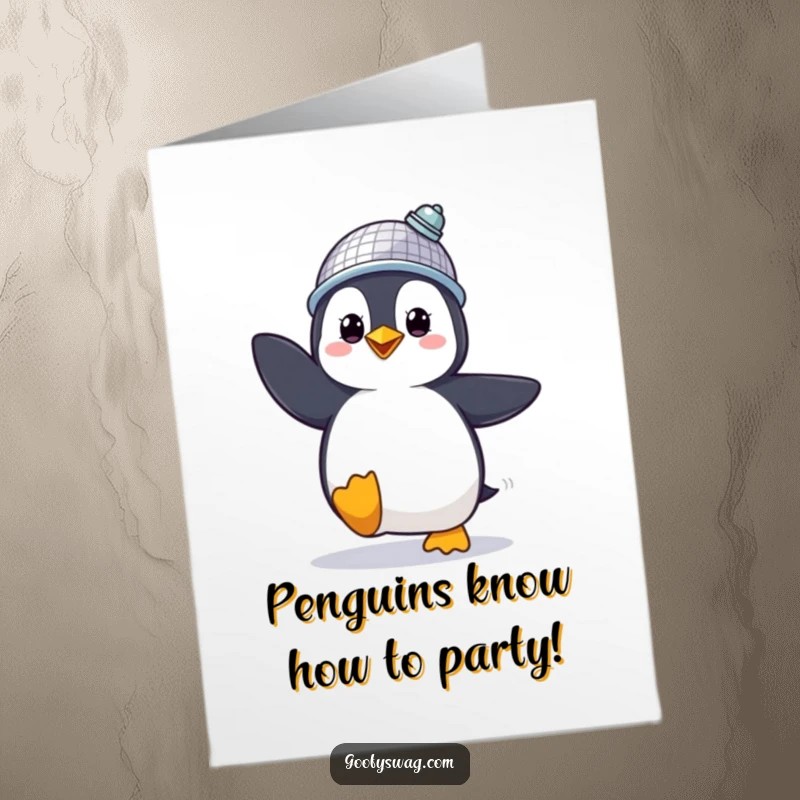 Funny Free Printable Birthday Card: A proud penguin in a disco ball hat dances energetically, celebrating a birthday.