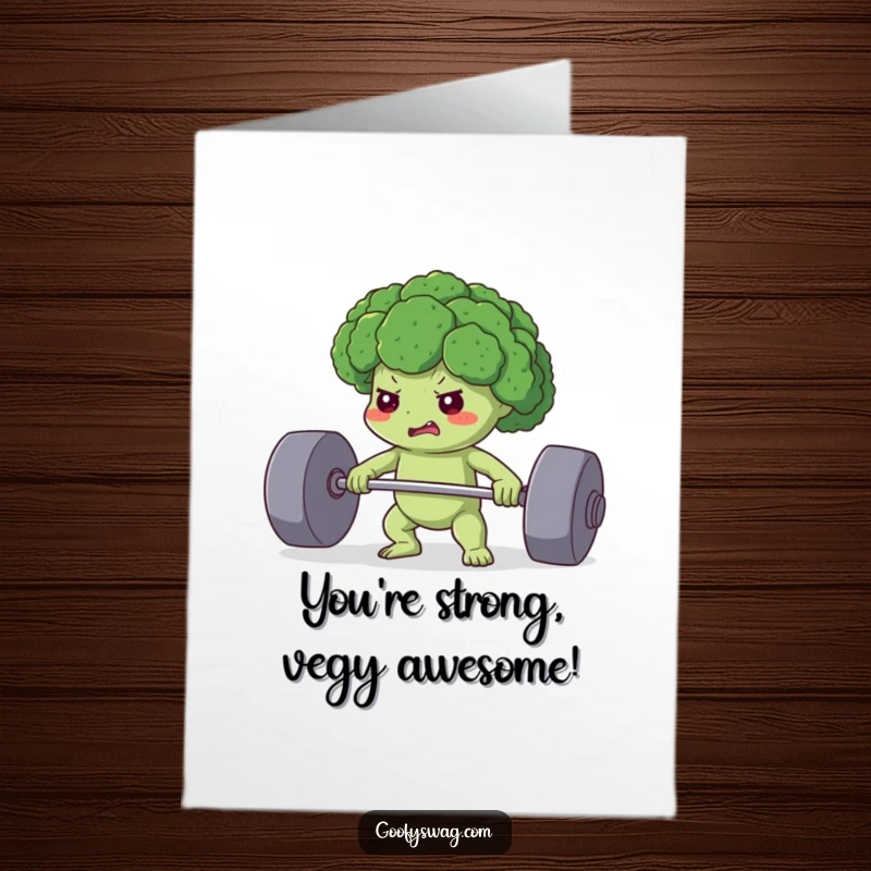Funny Free Printable Birthday Card: A surprisingly strong broccoli floret straining to lift a ridiculously heavy weight with determination.