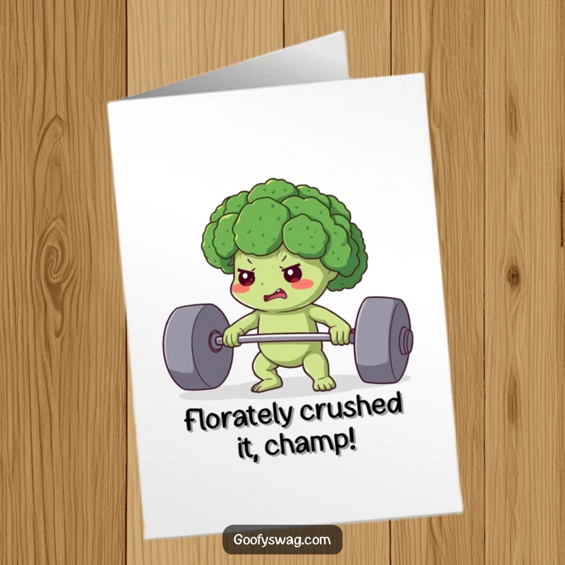 Funny Free Printable Congratulations Card: A determined broccoli floret successfully lifting a massive weight, symbolizing immense strength and accomplishment.