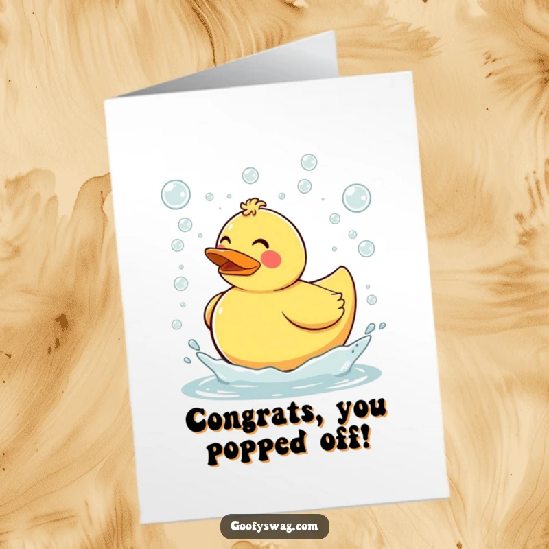 Funny Free Printable Congratulations Card: Clumsy rubber duck tripping, sending bubbles flying everywhere.