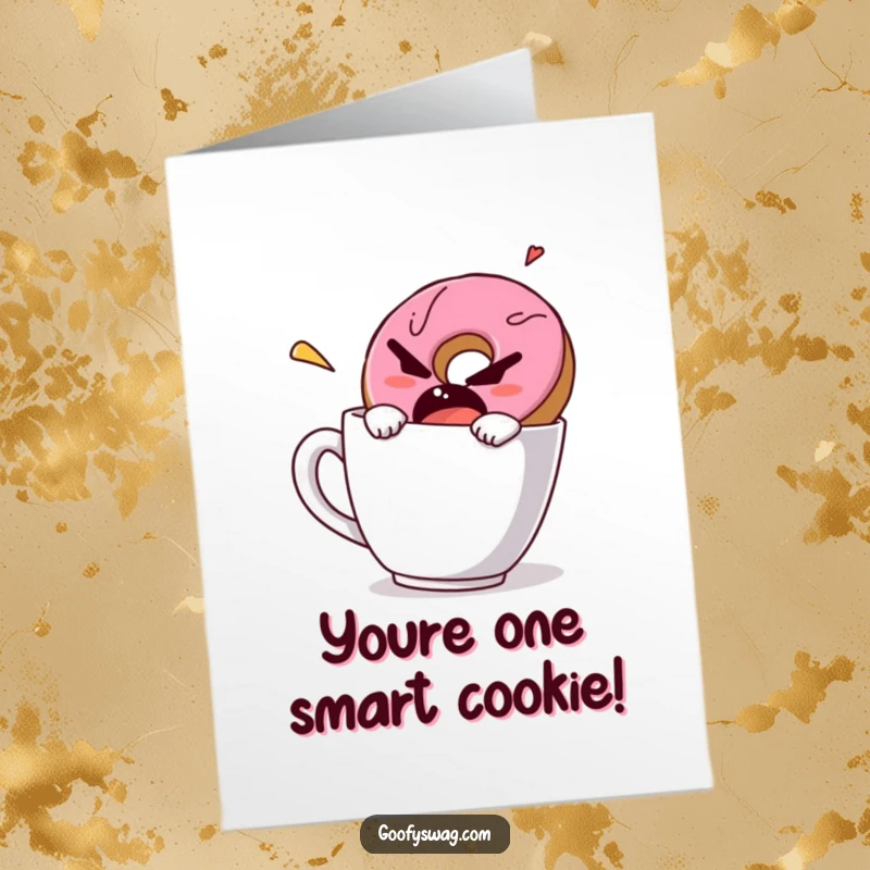 Free Printable Congratulations Card: A grumpy donut making a fast escape from a coffee mug, symbolizing overcoming obstacles with humor.