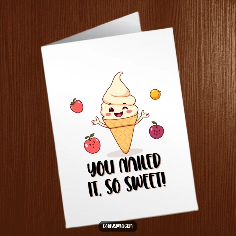 Funny Free Printable Congratulations Card: Grinning ice cream cone performing a fruit juggling act.