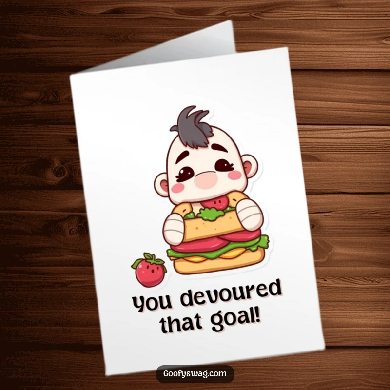 Funny free printable congratulations card: a sock puppet with wide eyes trying to eat a whole sandwich, celebrating a win.
