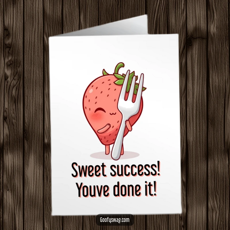 Funny Free Printable Congratulations Card: Shy strawberry hides behind giant fork giggling. Cute and humorous celebration.