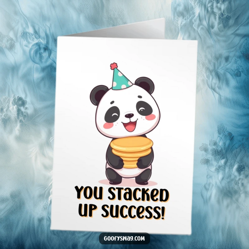 Funny Free Printable Congratulations Card: Panda in party hat balances pancakes, cartoon style, celebrating success, DIY download.