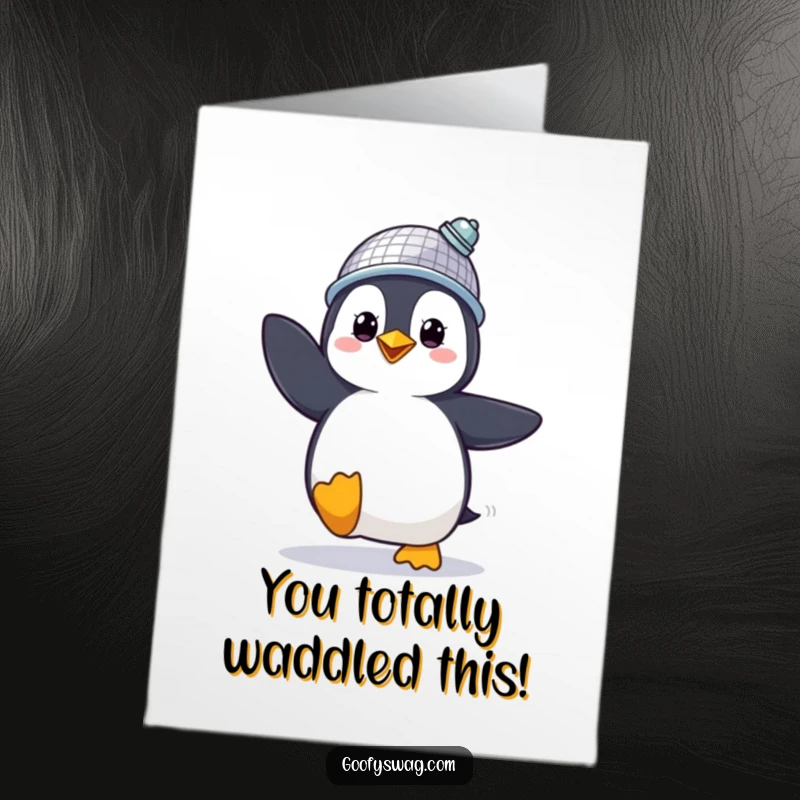 Funny Free Printable Congratulations Card: A proud penguin wearing a disco ball hat dances energetically, celebrating success.
