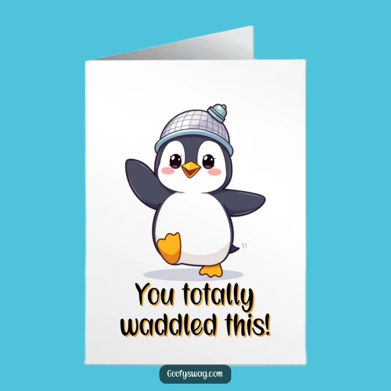 Free Printable Funny Congrats Card: Penguin's Victory Dance - Downloadable Gift
