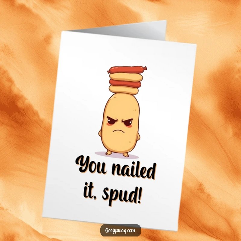 Funny Free Printable Congrats Card: A grumpy potato precariously balancing hot dogs, congratulating with minimal enthusiasm.