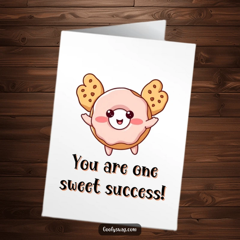 Funny Free Printable Congratulations Card: A blushing donut with cookie wings trying to fly, symbolizing reaching new heights.
