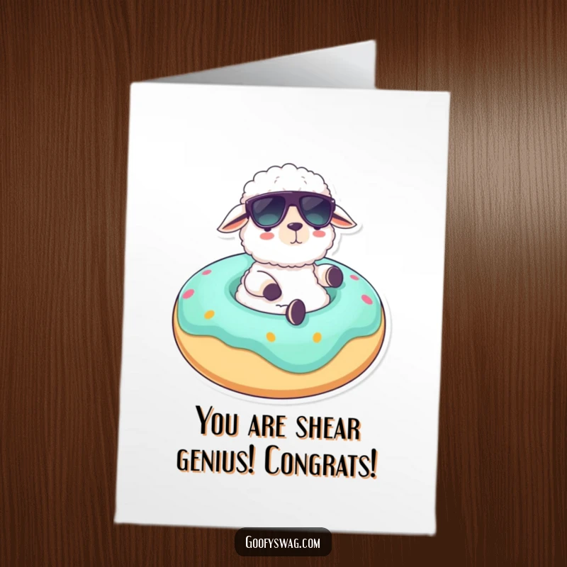Funny free printable sheep congratulations card in sunglasses on a donut float, celebrating success. DL size.