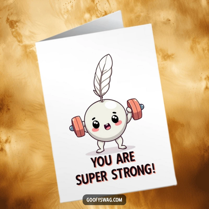 Funny Free Printable Congratulations Card: A dumbbell straining to lift a delicate feather, a funny contrast.
