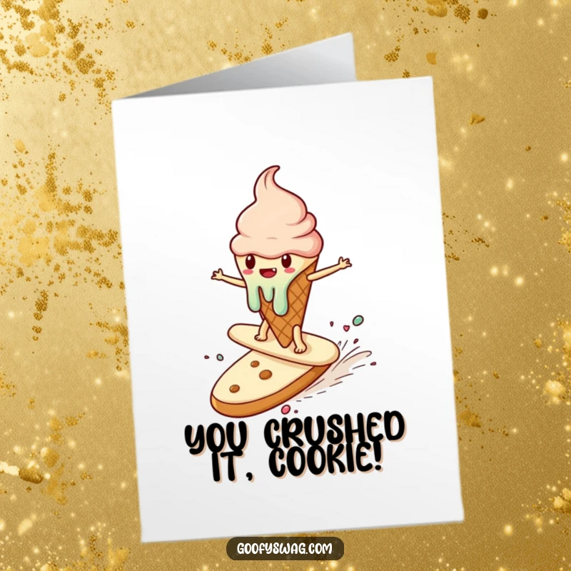 Free Printable Congratulations Card: An ice cream cone surfing a runaway cookie, capturing the thrill of sweet success and celebration.