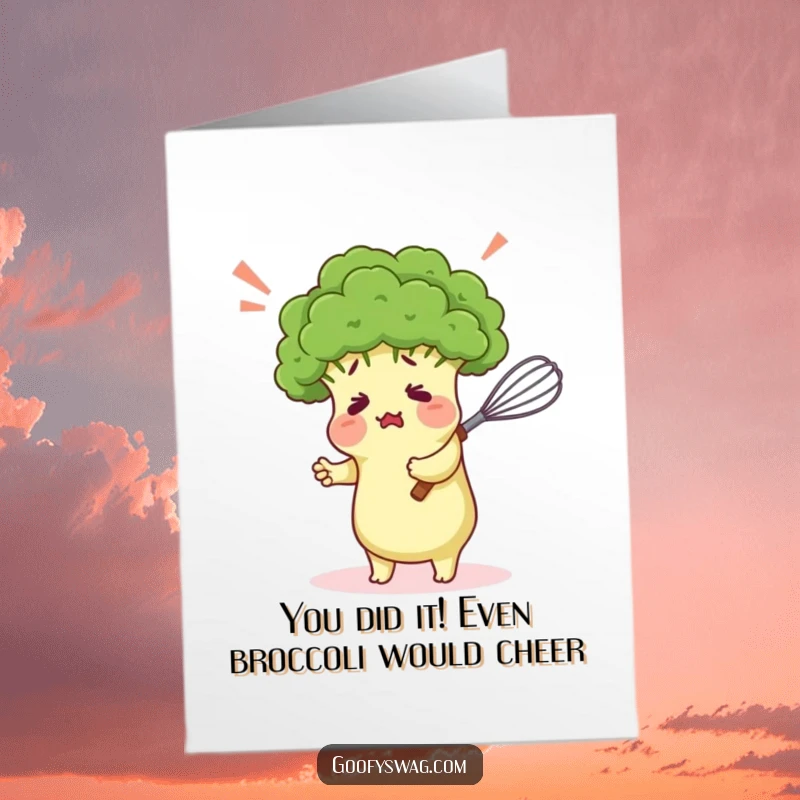Funny Free Printable Congratulations Card: A confused broccoli flaret awkwardly hugging a whisk, celebrating a victory with humor.