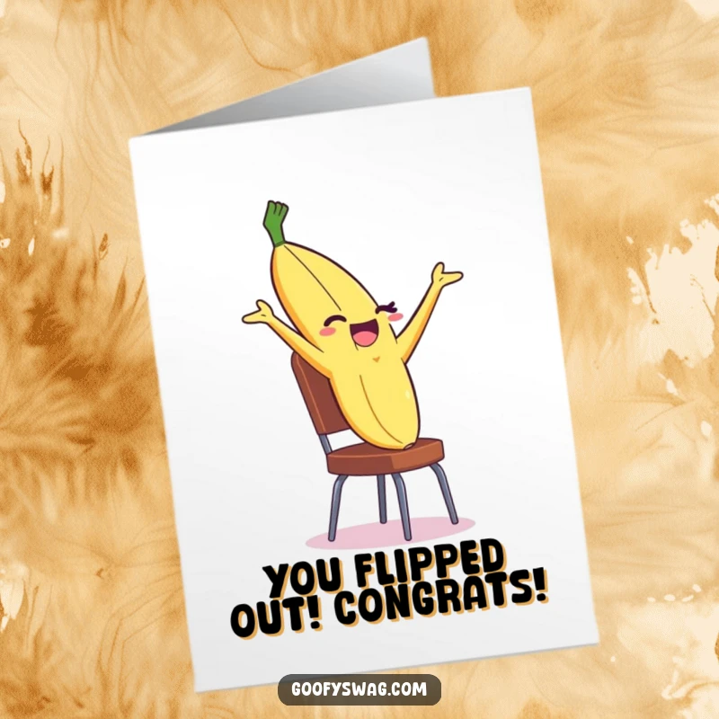 Funny Free Printable Congratulations Card: A winking banana peel performing a dramatic backflip off a chair, celebrating success wildly.