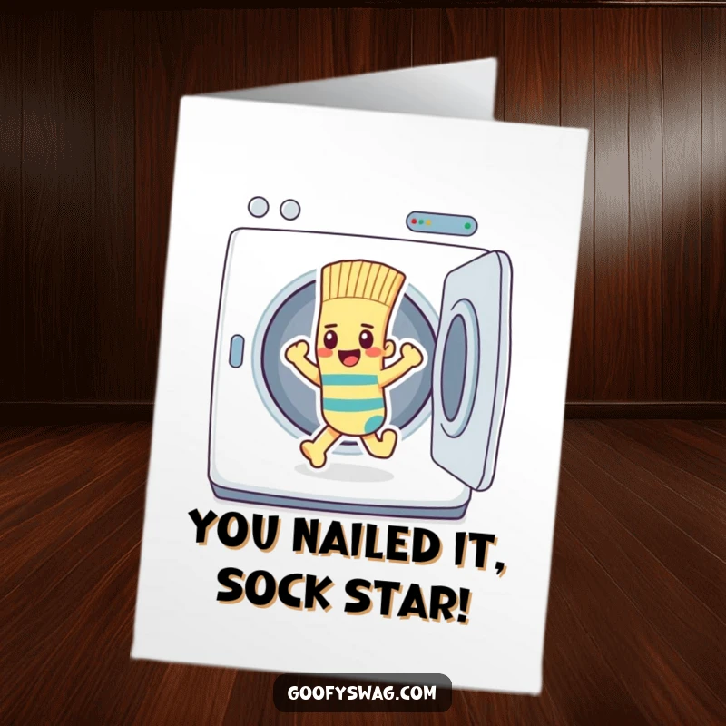 Funny Free Printable Congratulations Card: Determined sock flees dryer, symbolizing freedom and success, great downloadable.