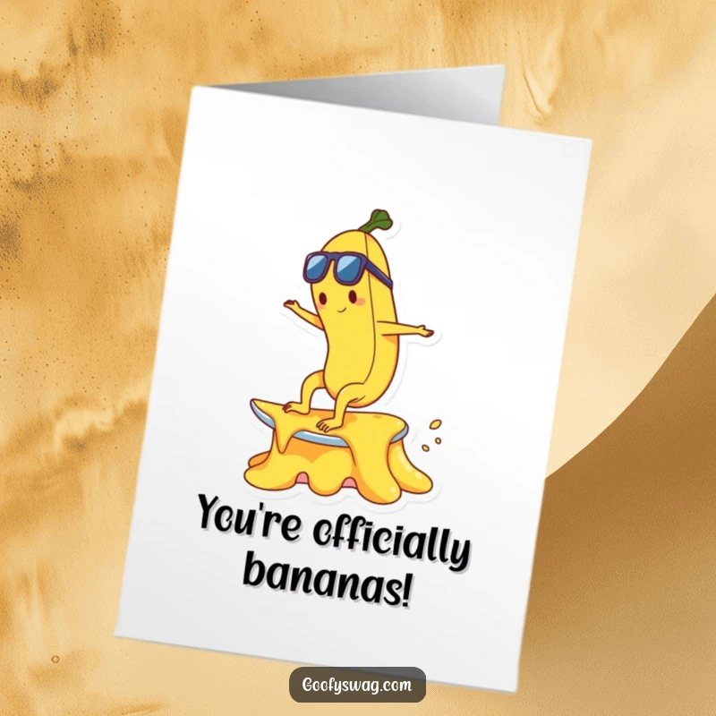 Funny Free Printable Congratulations Card: Banana character joyfully surfing a dripping ice cream, celebrating success.
