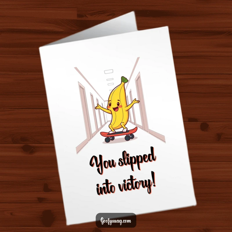 Free Printable Congratulations Card: A delighted banana peel skateboarding down a hallway, symbolizing a smooth and triumphant journey.