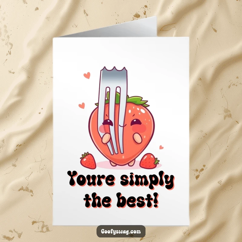 Funny Free Printable Congratulations Card: A strawberry blushes, hiding behind a fork, celebrating a wonderful achievement.
