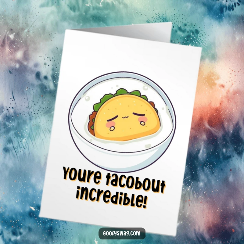 Funny Free Printable Congratulations Card: A taco blissfully floating in milk, signifying serene achievement, a downloadable congratulation.