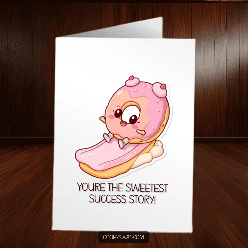 Funny Free Printable Congratulations Card: Energetic donut zooming down a colorful frosting slide. Pure celebration.