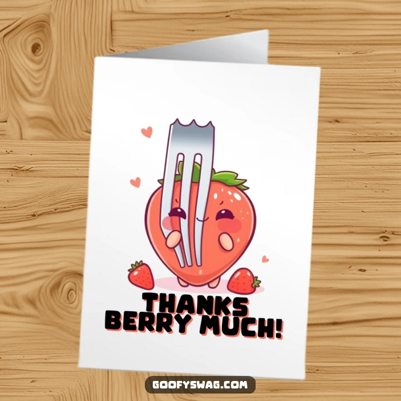Funny Free Printable Thank You Card: A blushing strawberry hides behind a giant fork, expressing thanks sheepishly.