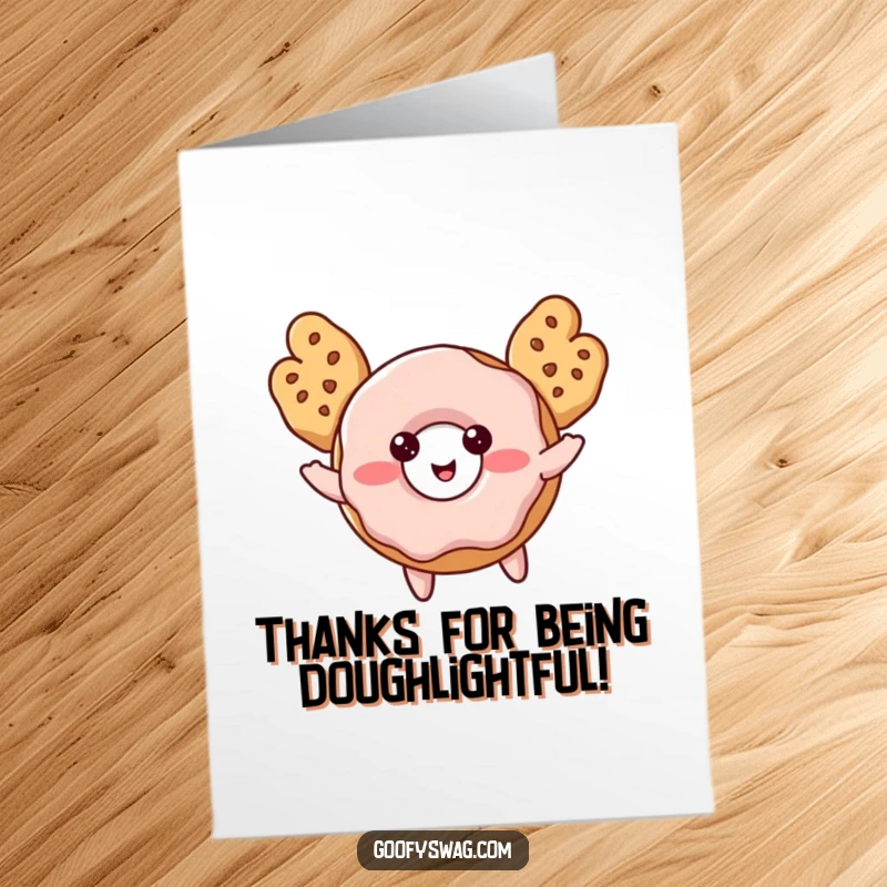 Funny Free Printable Thank You Card: A blushing donut with cookie wings attempting flight, conveying thanks with a cute effort.