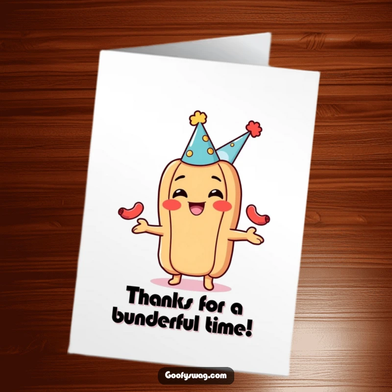 Funny Free Printable Thank You Card: A hot dog in a party hat juggling tiny sausages, expressing gratitude with a grin.