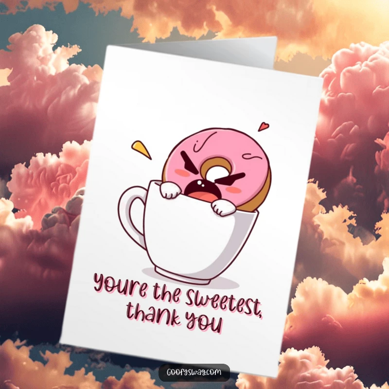 Funny Free Printable Thank You Card: A grumpy donut bolting from a coffee mug, offering a humorous expression of gratitude.