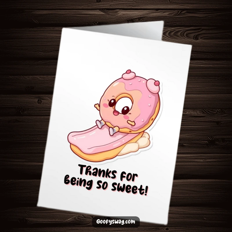 Funny Free Printable Thank You Card: A playful donut character joyfully sliding down a frosting slide. Sweet appreciation.