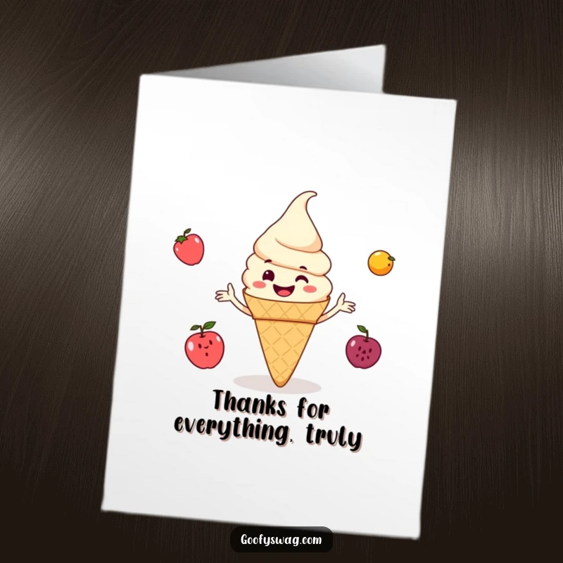 Funny Free Printable Thank You Card: Grinning ice cream cone juggling small fruits in appreciation.