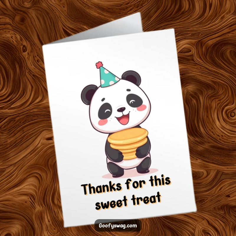Funny Free Printable Thank You Card: Panda in party hat balances pancakes, cartoon humor, expressing thanks, DIY download.