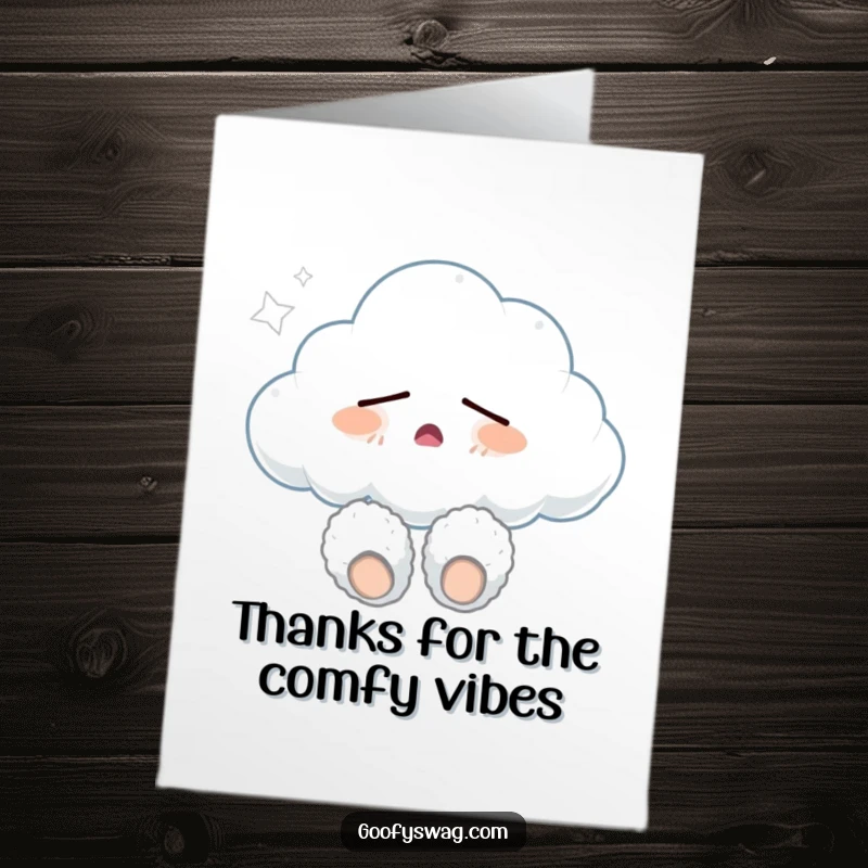 Funny Free Printable Thank You Card: Sleepy cloud wearing fuzzy slippers, offering a gentle yawn.