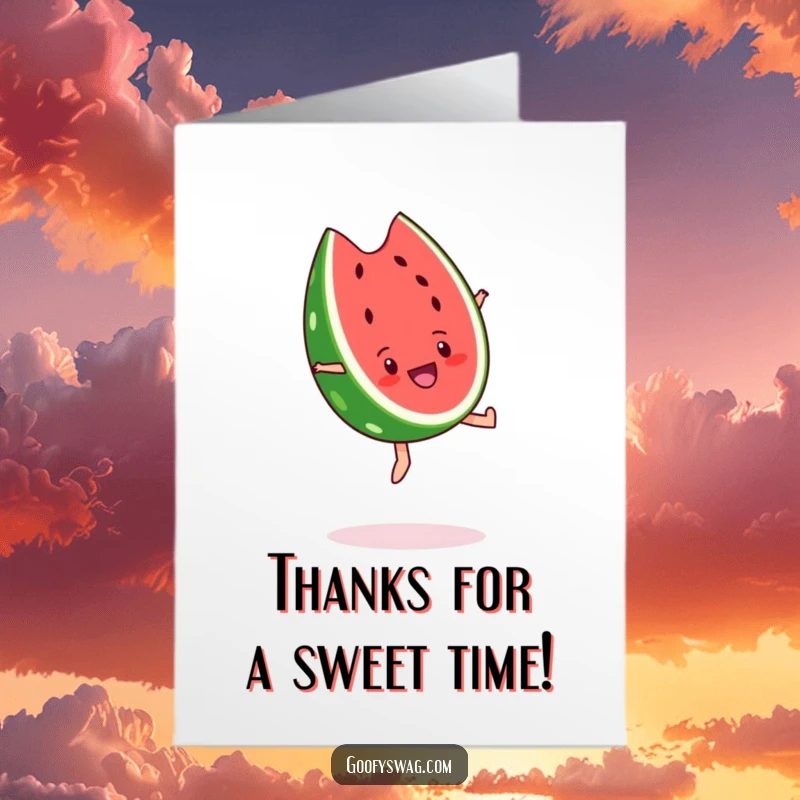 Funny Free Printable Thank You Card: A happy watermelon slice mid-backflip, sending thanks with infectious enthusiasm.